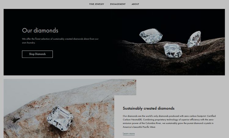 Screenshot of vrai.com/our-diamonds showing lab created diamonds.