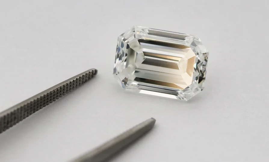 emerald cut diamond with tweezers on a flat surface