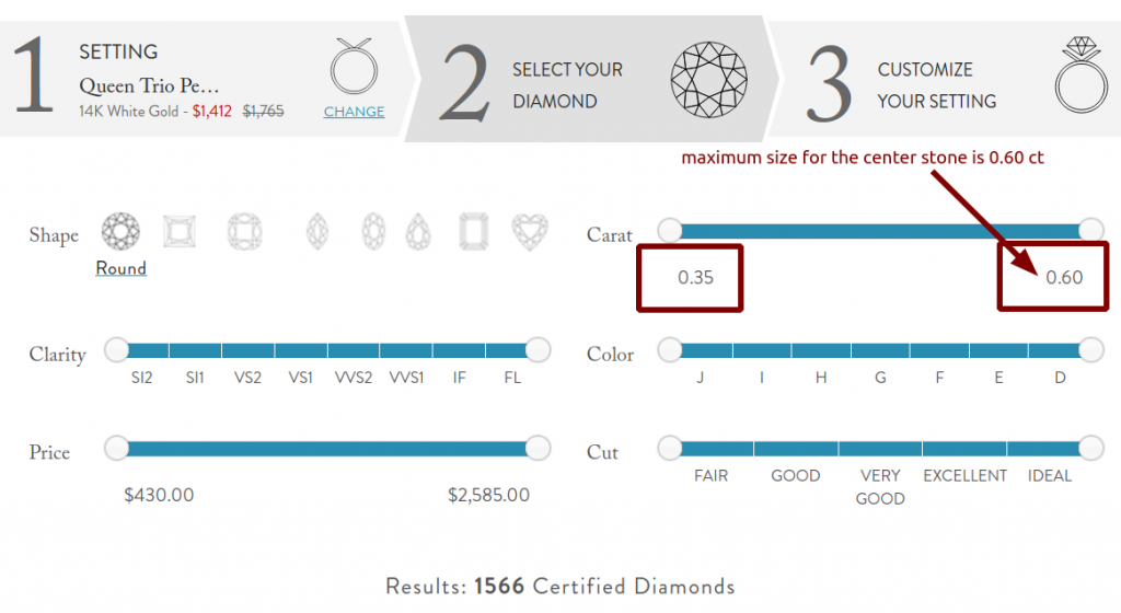 range of available diamonds for the Queen Trio Pendant